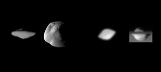 Atlas (left and center left) and Pan (center right and right) are two of Saturn’s tiny, poorly-resolved satellites. Respectively, the moons Atlas and Pan measures 24 miles (39 km) and 20.5 miles (33 km) across at their equators. Image: NASA/JPL/SSI